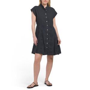 FRANCESCA BETTI Italy Linen Blend Short Sleeve Eyelet Skirt Shirt Mini Dress